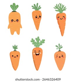 Six cartoon carrots with faces and different emotions, vector characters isolated on white background in cute child-friendly style