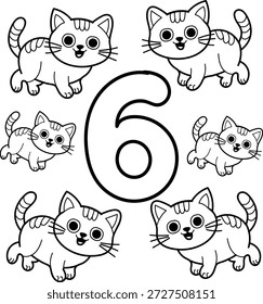 Seis gatos de dibujos animados rodeando a un Grande gatito número seis