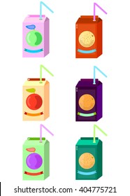 Six cartoon colored packets of juice icon . Vector illustration