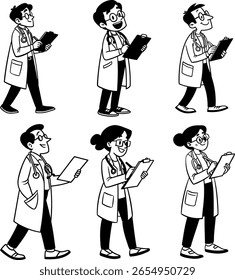 Six cartoon doctors, male and female, wearing lab coats and stethoscopes, holding clipboards and pens.