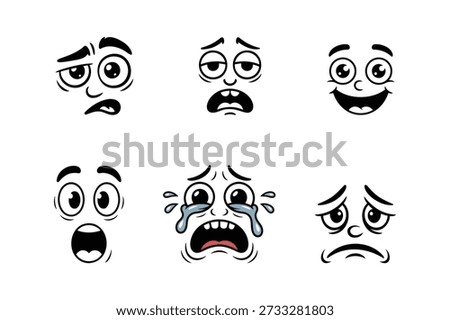 Six cartoon faces showing different emotions expressions