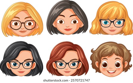 Six cartoon faces with various hairstyles and glasses