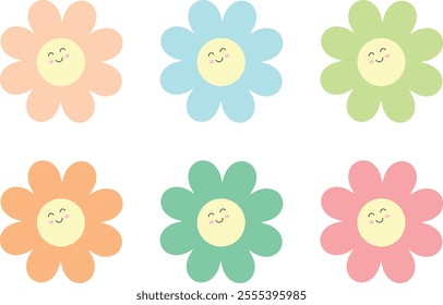 Six cartoon flowers with smiling faces in various colors: peach, light blue, light green, orange, teal, and pink. Ideal for cheerful and playful designs for children.