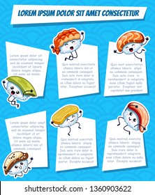 Six cartoon frame with funny sushi on blue background. Template for advertising brochure with your text. Ready for your message. Funny cartoon character. Vector illustration