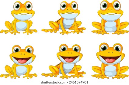 Six cartoon frogs showing different emotions