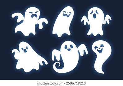 Six cartoon ghosts are floating and making different faces, from happy to scared, on a dark blue background