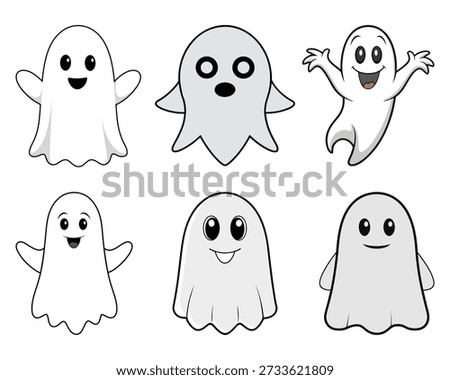 Six cartoon ghosts with happy expressions smiling playful