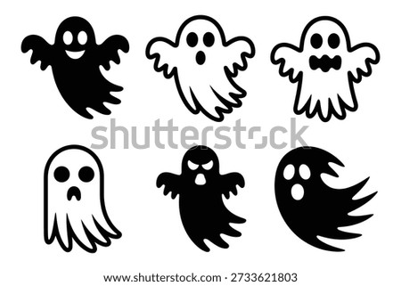 Six cartoon ghosts with various expressions halloween