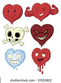 Six cartoon hearts