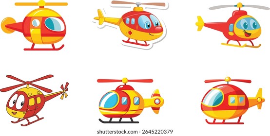 Six Cartoon Helicopters Red Yellow Childrens Illustration