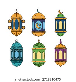 Seis faroles de dibujos animados en diferentes colores y diseños, que simbolizan las festividades de Ramadán y el patrimonio cultural.