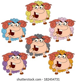Six cartoon merry smiling  nice rams on white background.