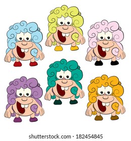 Six cartoon merry smiling  nice sheep on white background.