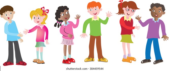 Six Cartoon Multicultural Children Greeting Each Stock Vector (Royalty