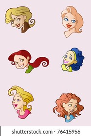 Six cartoon portraits of pretty ladies