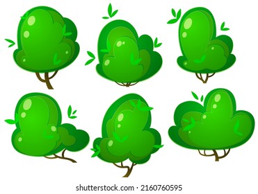 six cartoon shrubs, vector illustrations of garden bushes, set of elements for your design