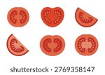 Six cartoon style illustrations of sliced tomatoes in different views and cuts