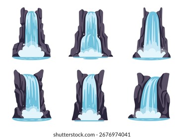 Colección de Vector de seis cascadas de dibujos animados: cascadas estilizadas con agua azul, Rock oscuros y salpicaduras de espuma, aisladas sobre fondo blanco.