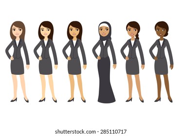 Six cartoon young businesswomen of different ethnicities in formal clothes. Isolated on white background.