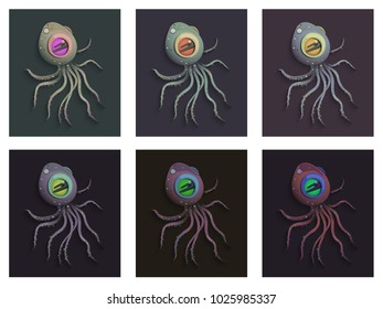 Six cartoonish octopuses of different colors