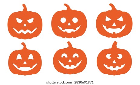 Six carved pumpkins with illuminated faces, showcasing traditional Halloween decorations and festive spirit, isolated on white background.