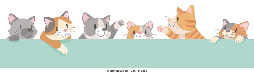 Six cats playing behind the wall.  Vector illustration in flat cartoon style on white background.