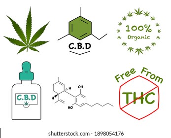 Sechs CBD-Cannabidiol- und Cannabis-Vektorsymbole; Cannabis Leaf, Cannabis Oil, CBD Molekulare Formel, Organisches Zeichen, frei von THC-Zeichen