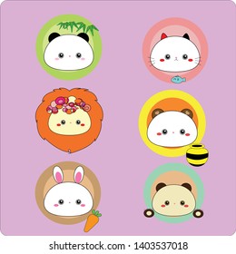 Six characters of cute animals panda with bamboo, cat with fish lion ,bear with bee comb,  rabbit with carrot and the little bear on purple background,  