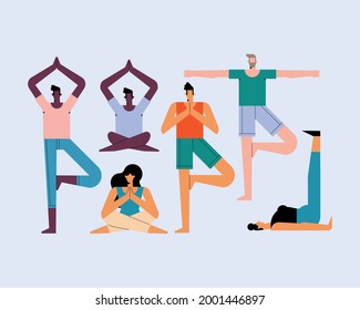 seis personajes practicando posiciones de yoga