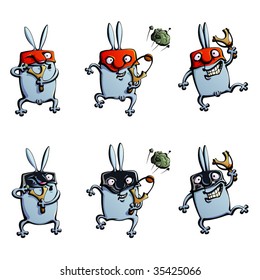 Six characters- rabbits-hooligans with masks and catapults. Some characters are guys and they have penises.