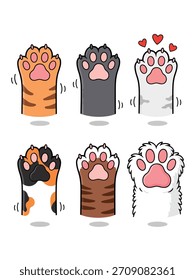 Sechs charmante Katzenpfoten mit weichen rosa Pads und verschiedenen Fellmustern, darunter Tabby, Grau, Weiß und Calico, mit verspielten Gesten.