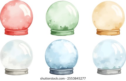 Six charming snow globes in various colors are arranged in two neat rows. Each globe features a different hue, enhancing the festive holiday theme. Perfect for seasonal decor inspiration.