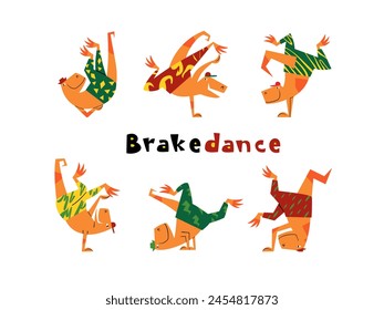 Seis alegres tiranosaurios bailando breakdance. Ilustración vectorial de personaje dibujada a mano.