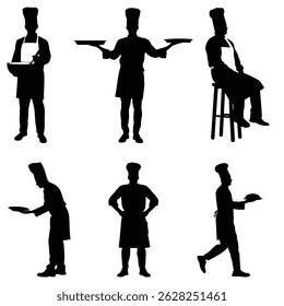 Seis Siluetas de Chef Posando Diversamente para la Marca Culinaria o Diseño de Menús
