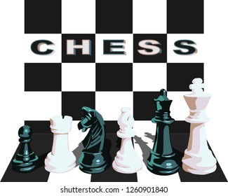 Six chess pieces in black and white. Black pawn, knight, and queen, white lodge, bishop, king. Chess pieces on a background of black and white cells and the words chess.