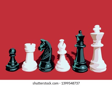 Six chess pieces, white king, black queen, white elephant, black knight, white rook, and black pawn. Basic chess pieces on a red background with black shadow. For khashmatnyh fights. Chessmen.