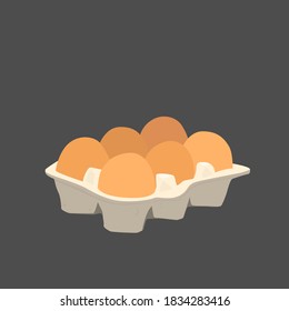 Six chicken eggs in a carton box. Vector flat illustration on black background.