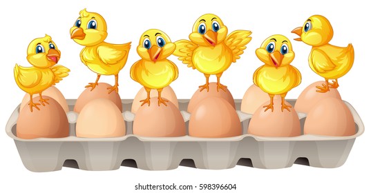 Six chicks standing on eggs illustration