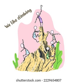 Seis niños trepando en la roca del árbol viejo