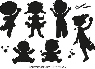 Six children exulting happily: boys, girls and babies. Black silhouettes.