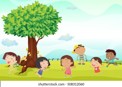 Six Children Running In Park Illustration