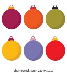 Six Christmas colorful ornaments on white background.
