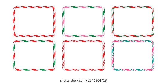 Six Christmas frames in the shape of a striped sugar toast. Christmas lollipops for banner and post decoration. Christmas design elements. Isolated vector illustration on white background.