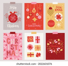 Six Christmas greeting cards with ball, gift box, leaves, mistletoe, bauble, berry, star, fir branch in Red, Pink, Gold, White and Grey. Perfect for winter holidays. Vector illustration