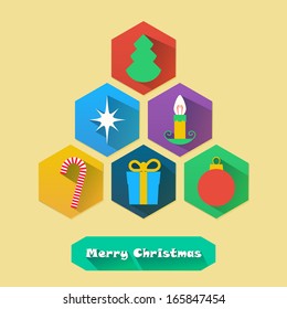 Six Christmas icons arranged in the shape of a Christmas tree