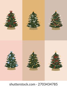 Six Christmas trees in one template, decorated with colorful ribbons, baubles, and lights. Perfect for holiday cards, invitations, and festive designs.