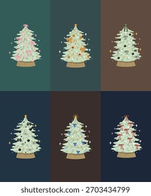Six Christmas trees in one template, decorated with colorful ribbons, baubles, and lights. Perfect for holiday cards, invitations, and festive designs.