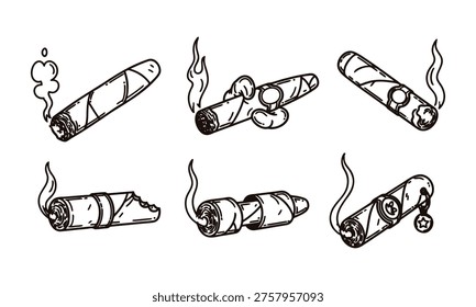 Six cigars smoking and burning in various positions and angles