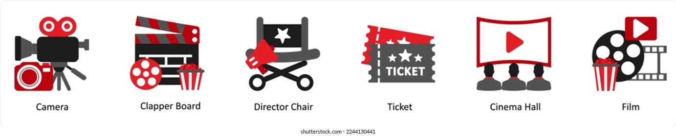 Six cinema icons in red and black as camera, clapper board, director chair
