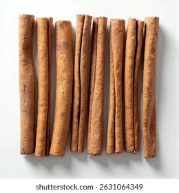 Six cinnamon sticks are arranged in two rows of three, neatly aligned on a plain white background, showcasing their warm brown color and textured surface.